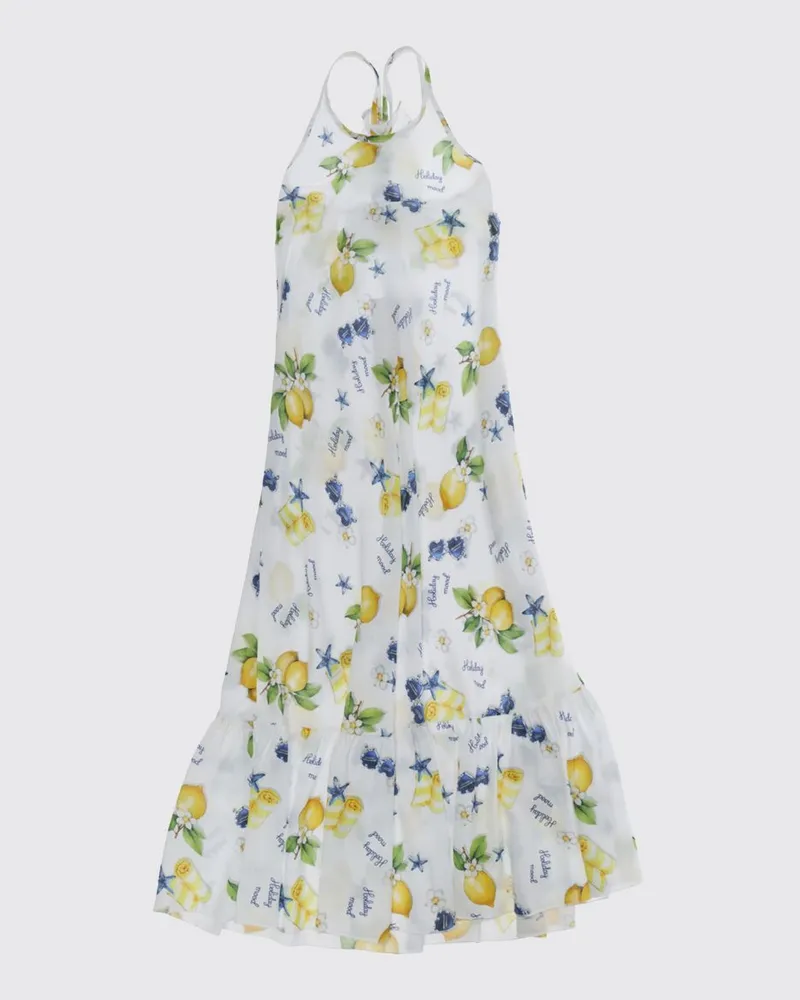 Monnalisa Langes Baumwollkleid für Mädchen mit Grafikdruck und Neckholder Weiß