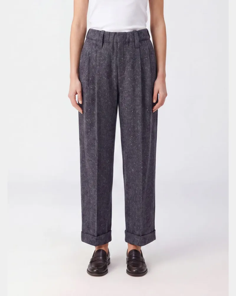 Brunello Cucinelli Plissierte High-Waist-Hose mit weitem Bein aus Tweed Grau