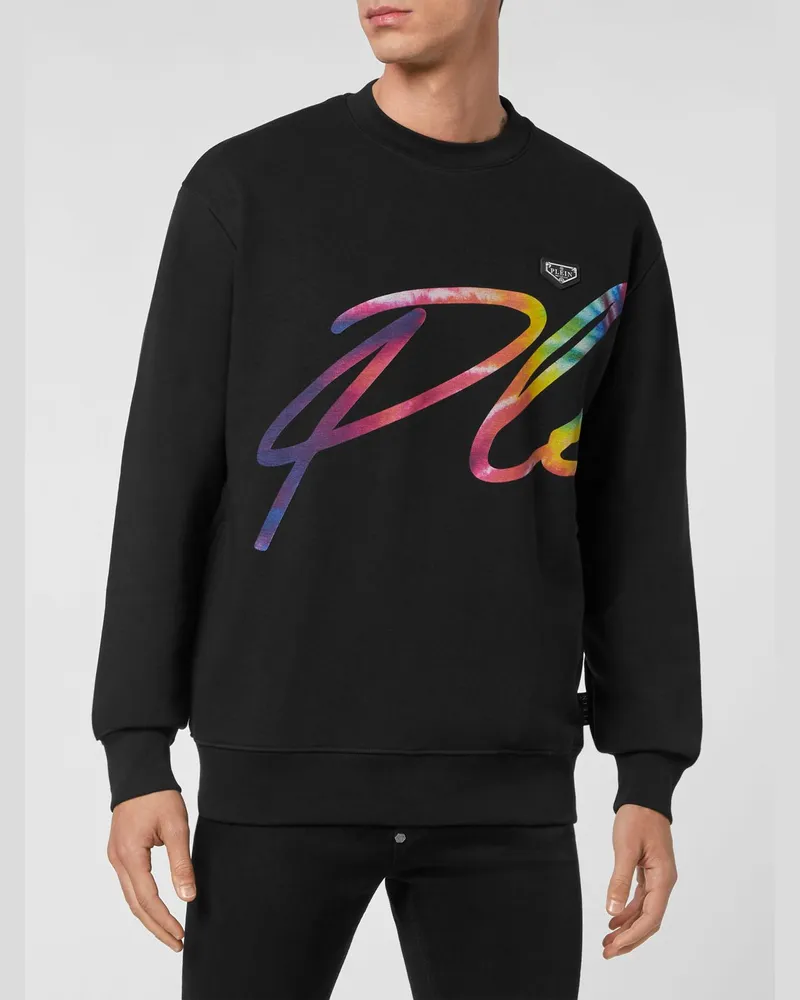 Philipp Plein Rundhals-Sweatshirt aus Baumwoll-Jersey mit kontrastierendem Logo-Print Schwarz