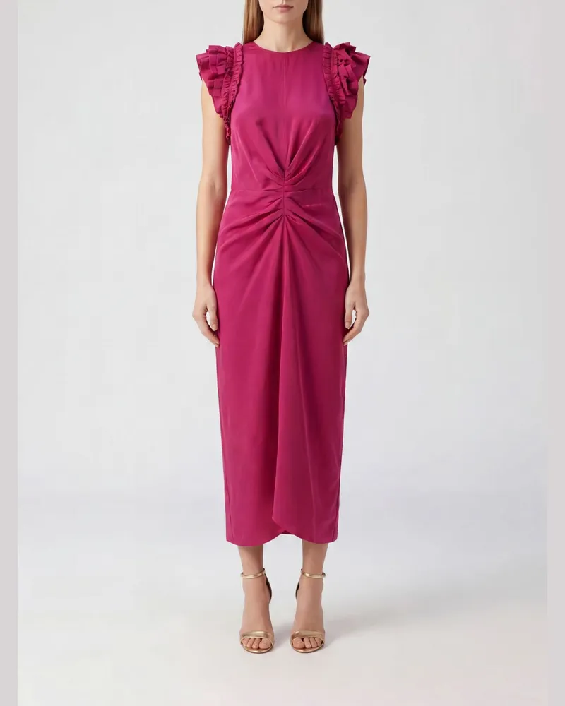 Isabel Marant Asymmetrisches Teriany Midikleid aus Seide mit Rüschen Fuchsia