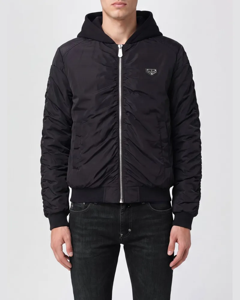 Philipp Plein Windbreaker-Jacke aus Polyester mit Kapuze und Reißverschluss Schwarz