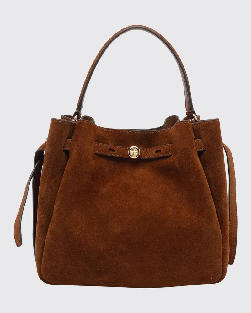 Tory Burch Romy Mini-Handtasche aus Wildleder mit ausgestellter Form Braun