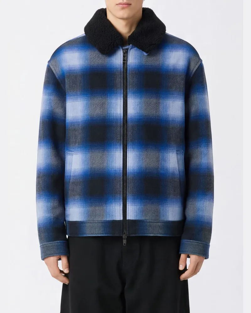 Balenciaga Kurzer Mantel aus kariertem Wollflanell mit Pelzkragen Blau