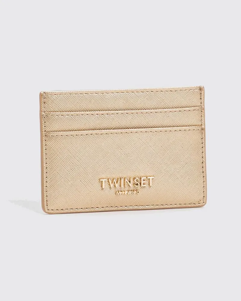 Twin-Set Flaches Kartenetui aus Saffiano-Kunstleder mit 5 Fächern und Logo Gold