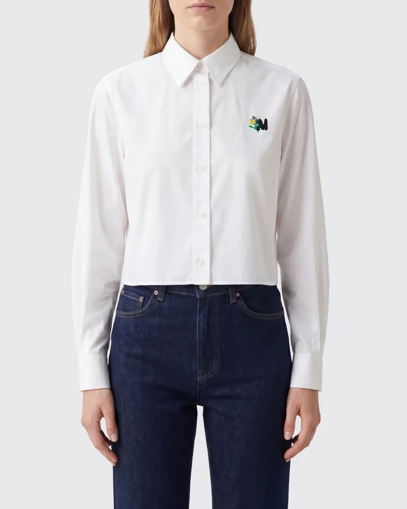 MSGM Gecropptes Baumwollhemd mit kontrastierendem gesticktem Logo Weiß