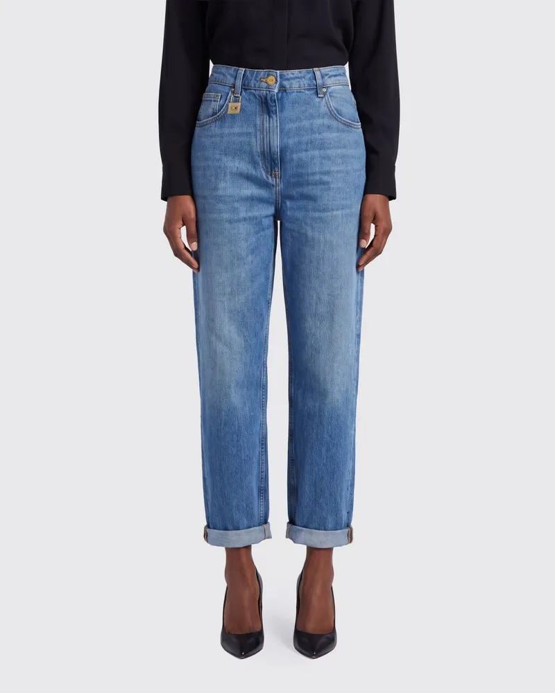 Elisabetta Franchi Hoch taillierte Cropped-Jeans mit Umschlag aus Baumwolldenim Blau
