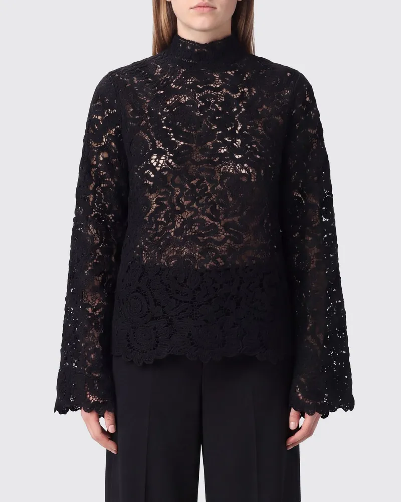 Semicouture Langärmeliges Spitzen-Rollkragentop für den Abend Schwarz