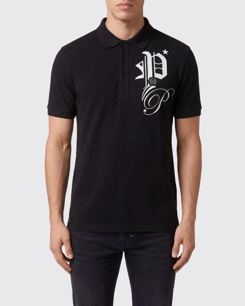 Philipp Plein Baumwoll-Poloshirt mit Monogramm-Logo und Drei-Knopf-Leiste Schwarz