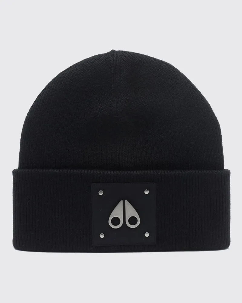 Moose Knuckles Beanie aus reiner Wolle von mit Umschlag und Logo-Patch Schwarz