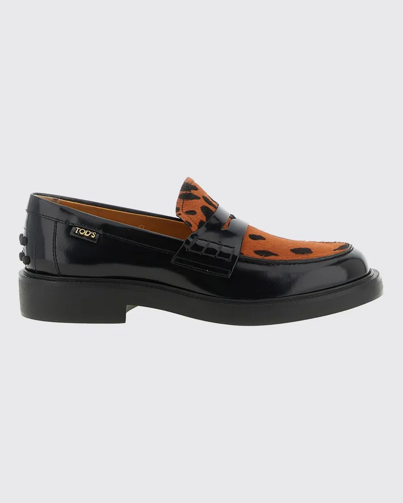TOD'S Penny-Loafer aus gebürstetem Leder und Ponyfell mit Animal-Print Schwarz