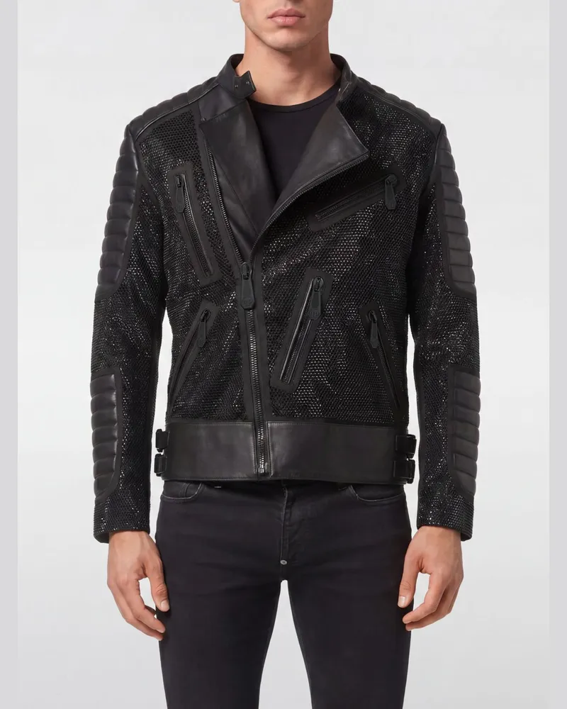 Philipp Plein Bikerjacke aus Lammleder mit Stickerei und Strasssteinen Schwarz