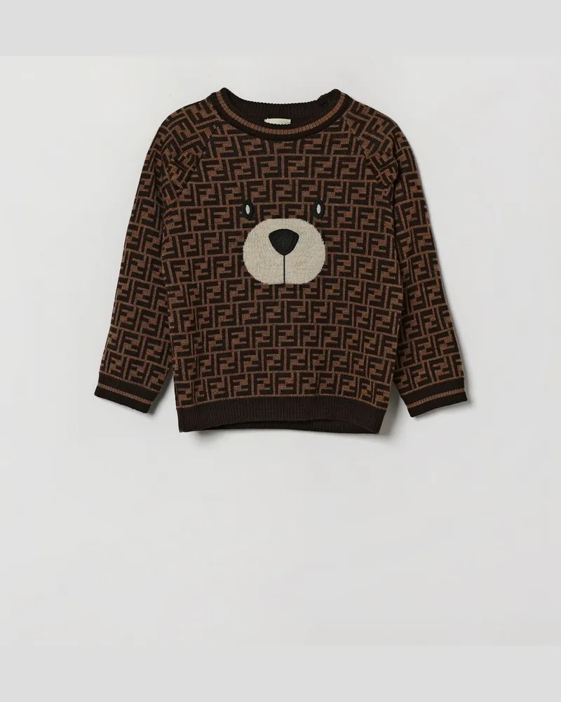 Fendi Rundhalspullover für Jungen aus Schurwolle mit FF-Monogramm und Teddybär Braun