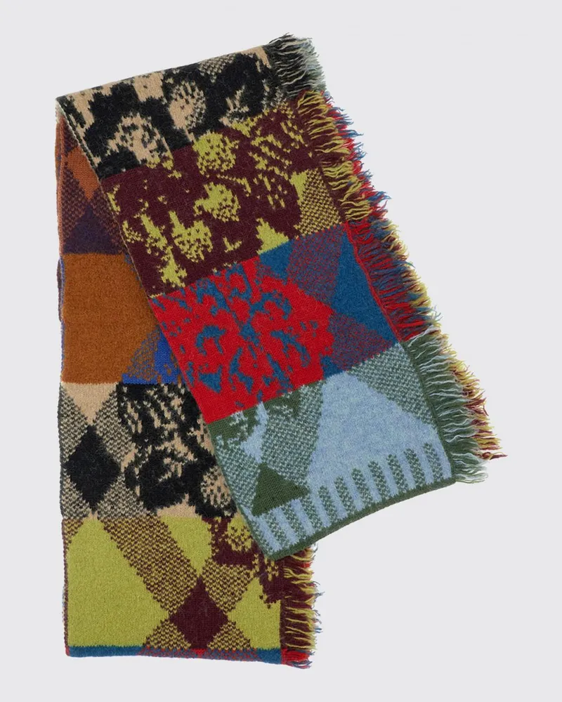 Dries van Noten Schal aus Woll- und Alpakawollmischung mit Patchwork-Design und Fransensaum Blau