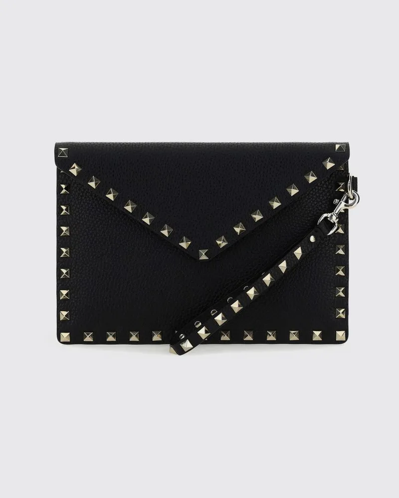 Valentino Garavani Rockstud Pouch aus genarbtem Kalbsleder mit Nieten und Griff Schwarz