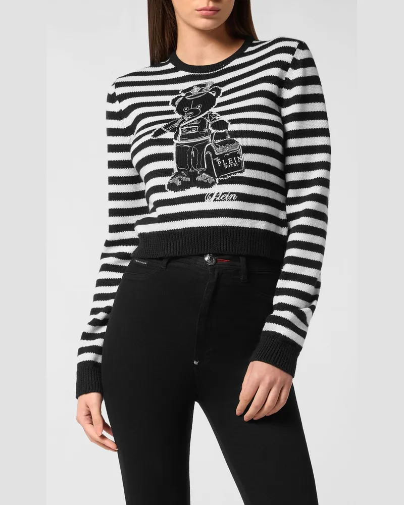 Philipp Plein Gestreifter Baumwollpullover mit Rundhalsausschnitt und Teddy-Bear-Print Schwarz