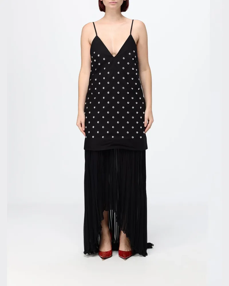 MSGM Plissiertes langes Abendkleid aus Baumwolle mit Stickerei und V-Ausschnitt Schwarz