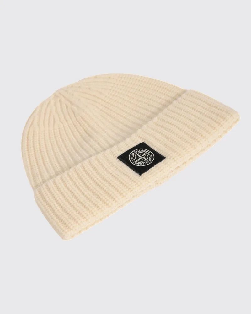Stone Island Rippstrick-Beanie aus Schurwolle mit Compass-Logo Weiß