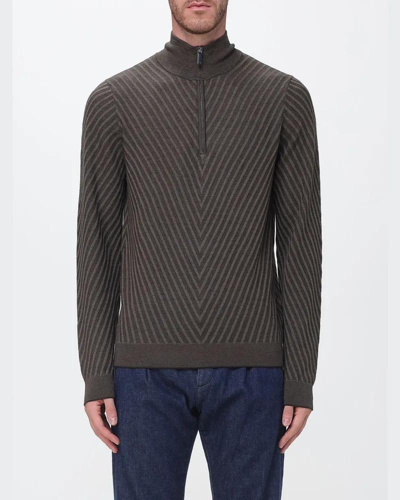 Emporio Armani Slim Fit Rollkragenpullover aus Schurwolle mit Chevron-Muster Braun