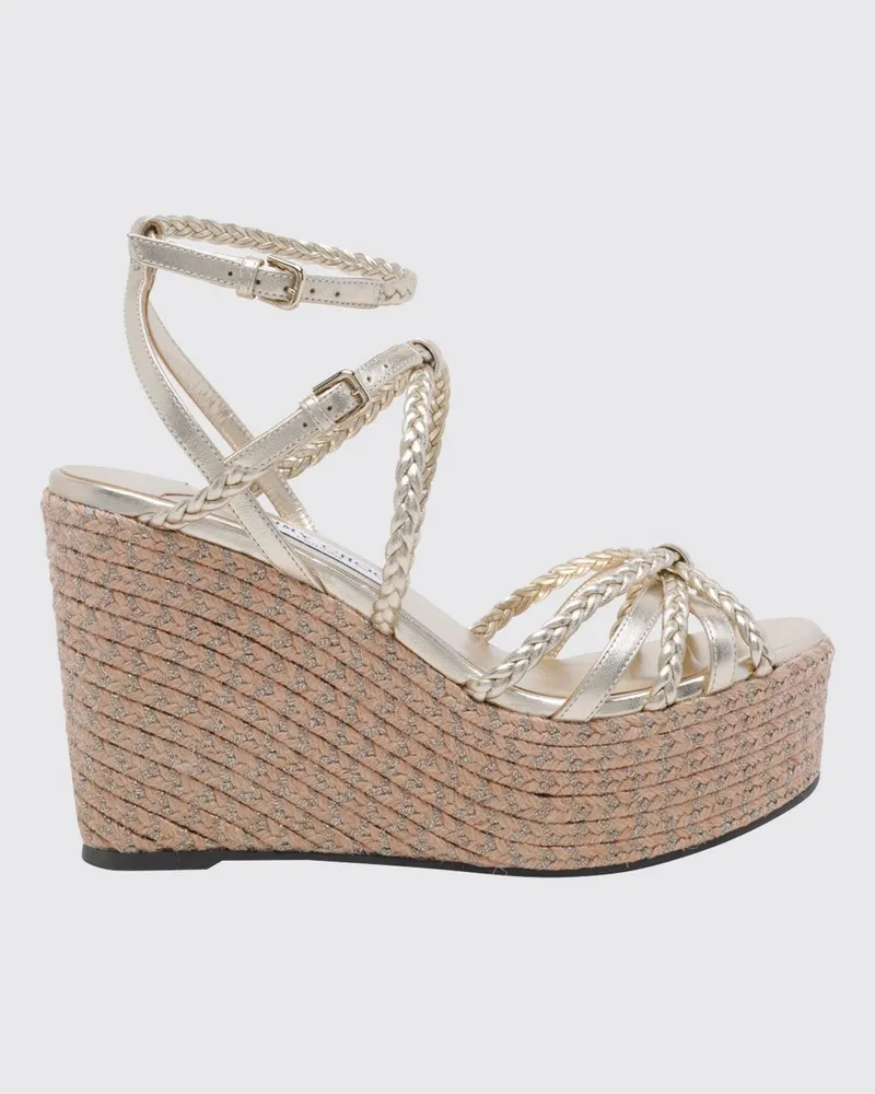 Jimmy Choo Nyra Keilsandalen aus laminiertem geflochtenem Leder Gold