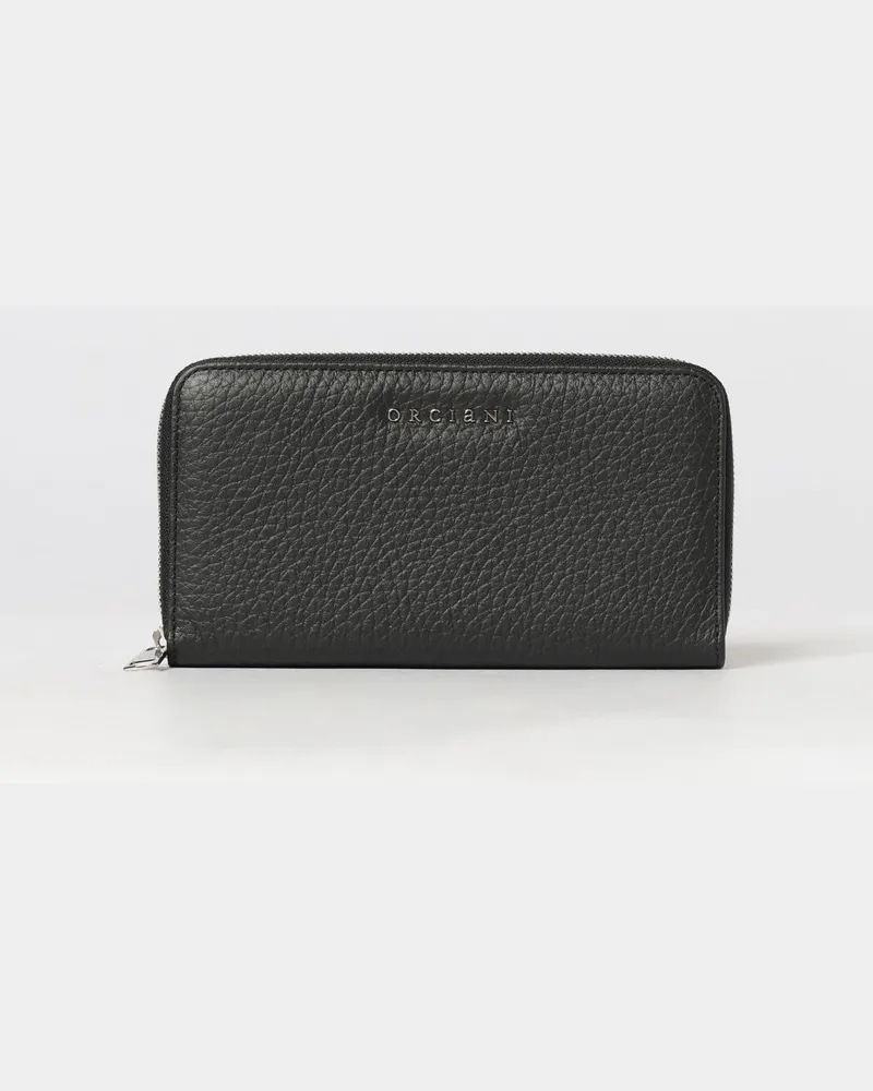 Orciani Große Continental-Brieftasche aus gehämmertem Leder mit Rundum-Reißverschluss Schwarz