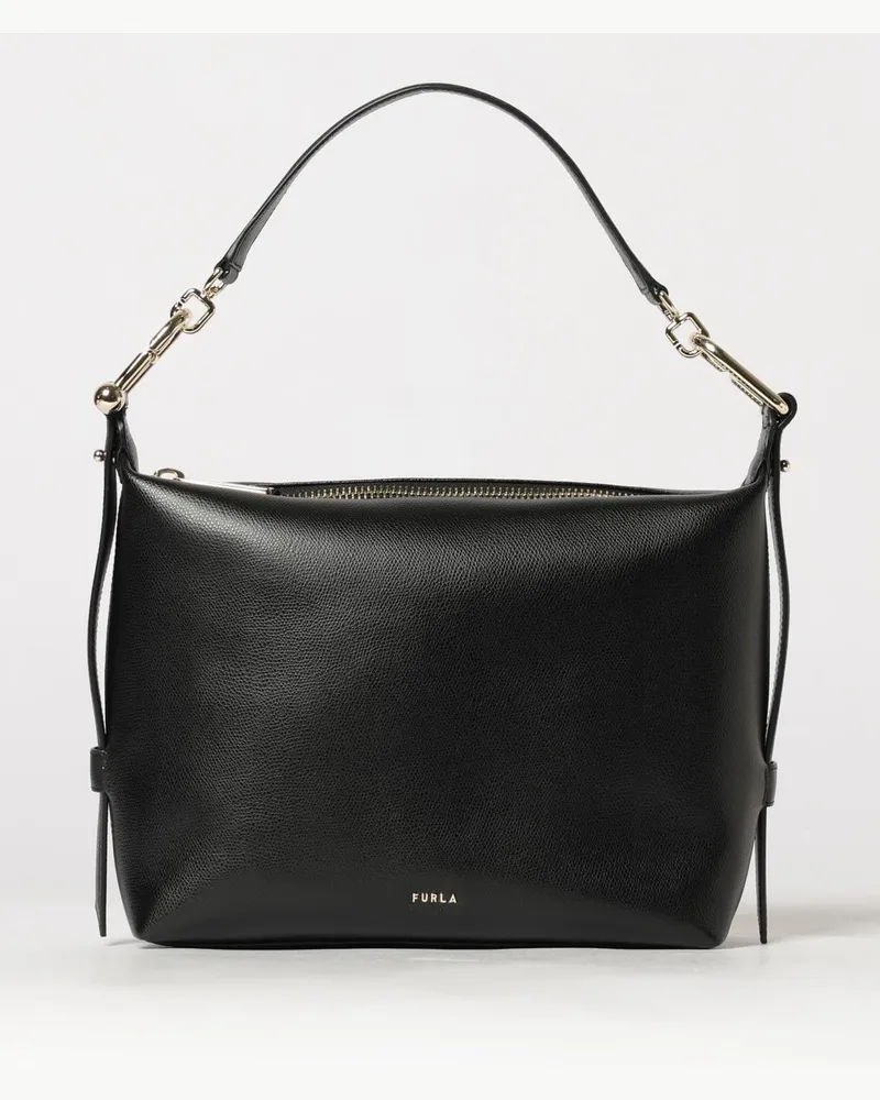 Furla Tonie Schultertasche aus genarbtem Leder mit abnehmbarem Henkel und Riemen Schwarz