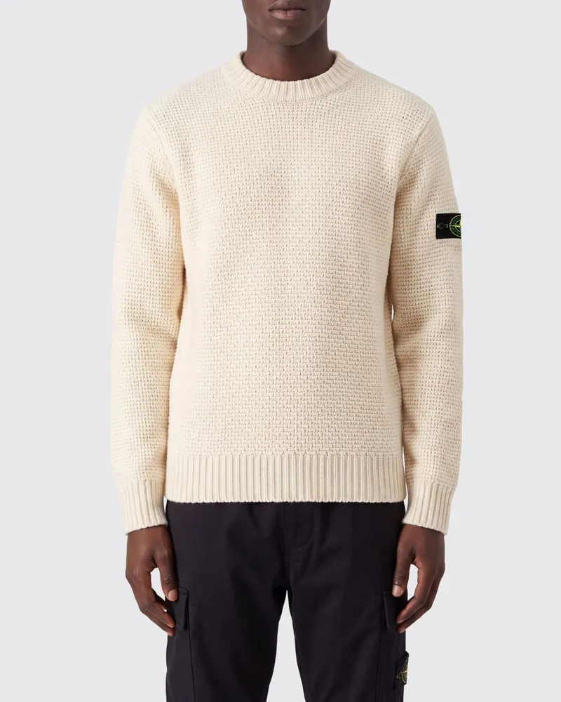 Stone Island Pullover aus Schurwollmischung mit Rundhalsausschnitt und Kompass-Logoaufnäher Weiß