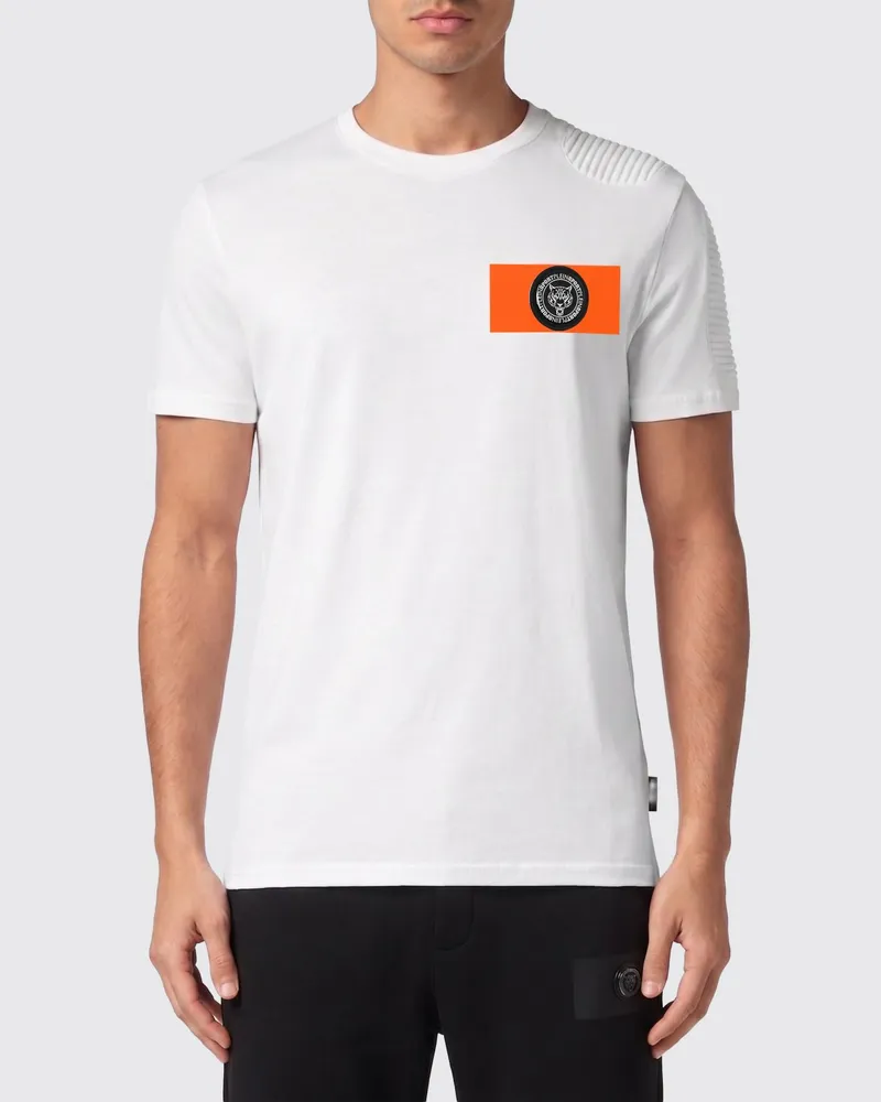 Philipp Plein Baumwoll-T-Shirt mit Rundhalsausschnitt und Kontrastlogo auf der Brust Weiß