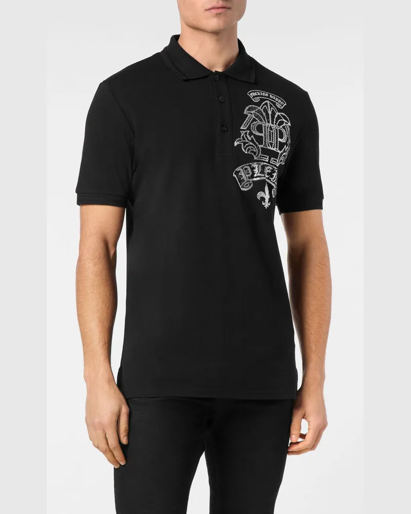Philipp Plein Kurzärmeliges Poloshirt aus Baumwolle mit Strass-Hexagon-Logo Schwarz