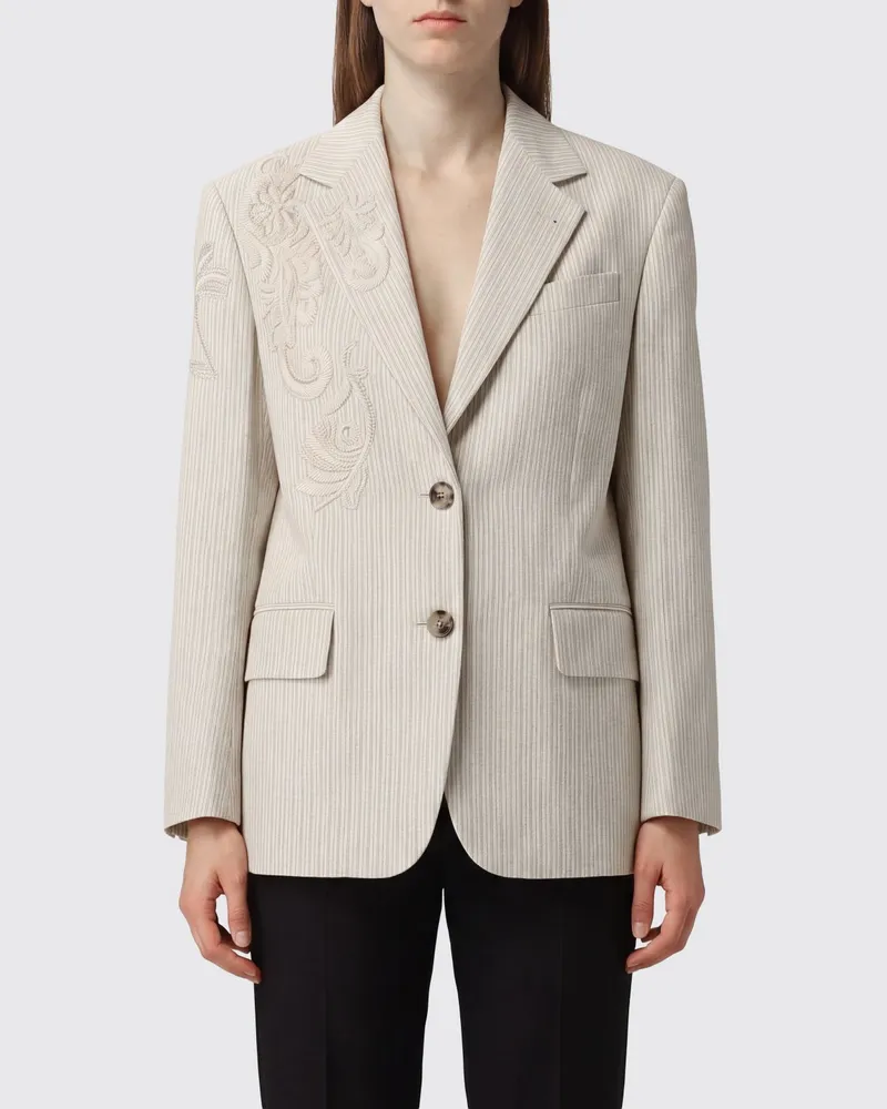 Dries van Noten Einreihiger Blazer aus Baumwollmischung mit gestreifter Stickerei Ecru