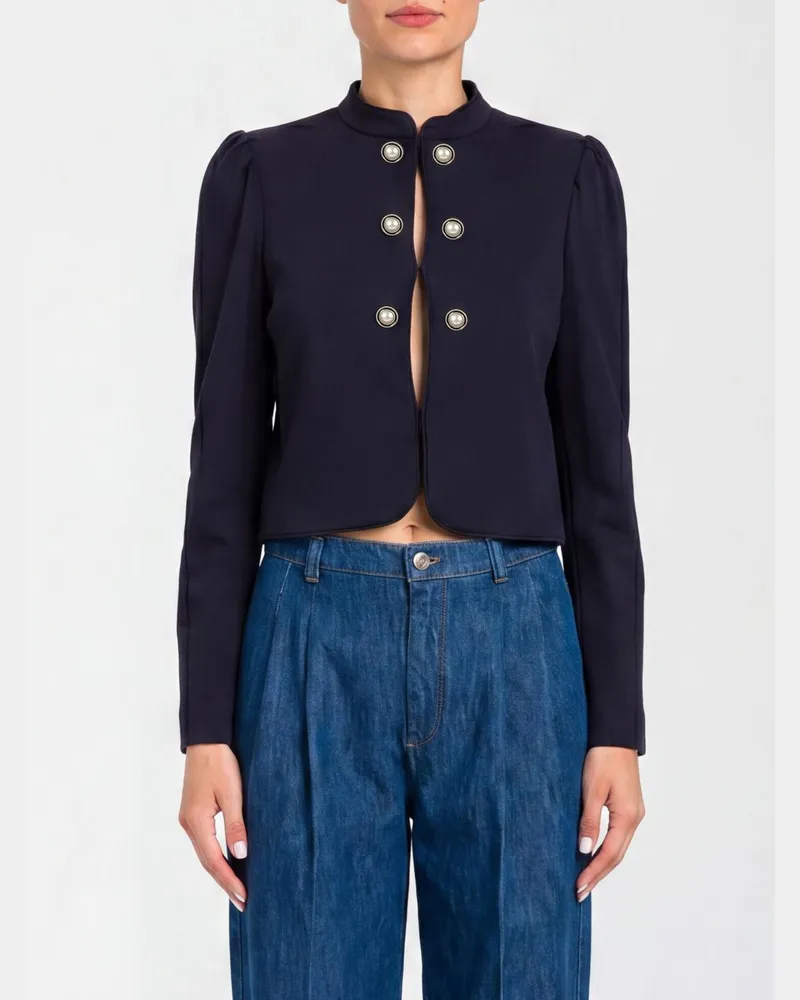 Twin-Set Cropped-Jacke aus Viskose mit Stehkragen und Perlenverzierungen Blau