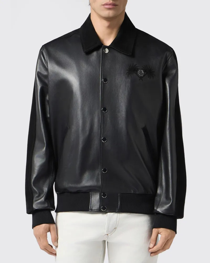 Philipp Plein Jacke Coster aus Lammleder mit klassischem Kragen Schwarz