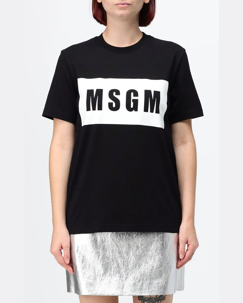 MSGM Kurzärmeliges Baumwoll-T-Shirt von mit Logo-Print auf der Vorderseite Schwarz