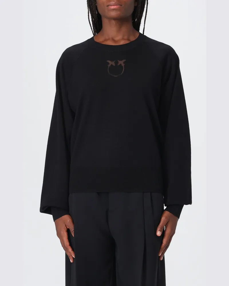 Pinko Pullover aus Wollmischung mit Rundhalsausschnitt mit Intarsien-Logo Love Birds Schwarz
