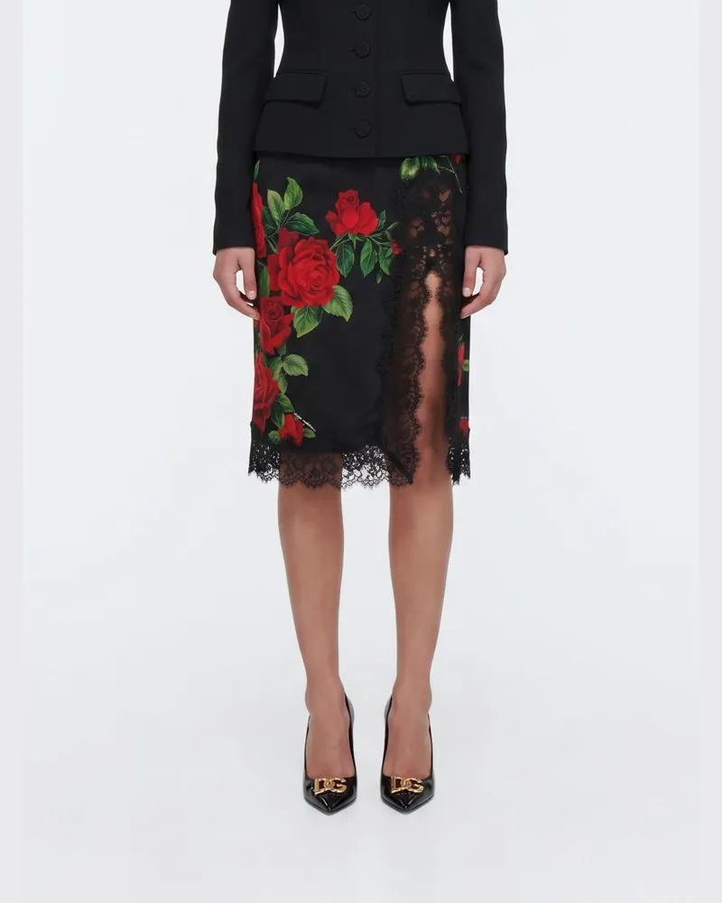 Dolce & Gabbana DOLCE  GABBANA Dolce & Gabbana Seiden-Midi-Bleistiftrock mit Blumenstickerei und Spitze Schwarz
