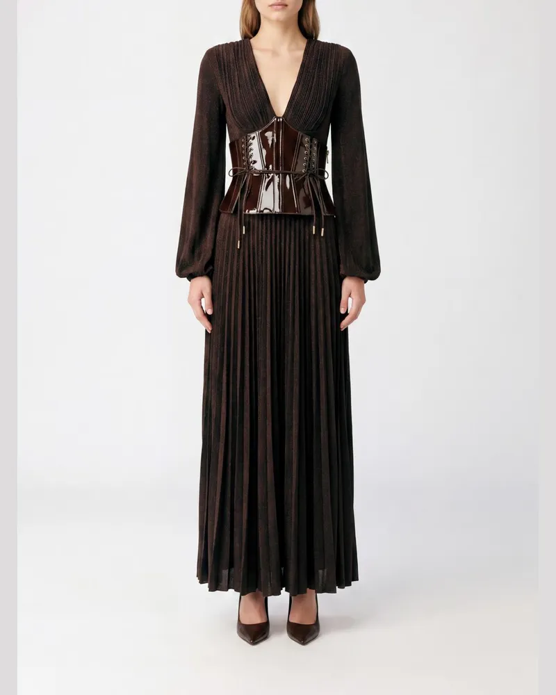 Elisabetta Franchi Langes Abendkleid aus Viskosemischung mit Korsett-Oberteil und V-Ausschnitt Braun
