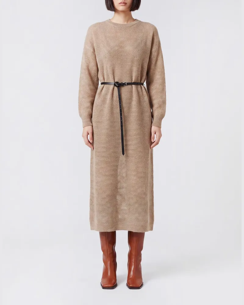 Brunello Cucinelli Midi-Strickkleid aus Mohairmischung mit Gürtel und Rundhalsausschnitt Beige