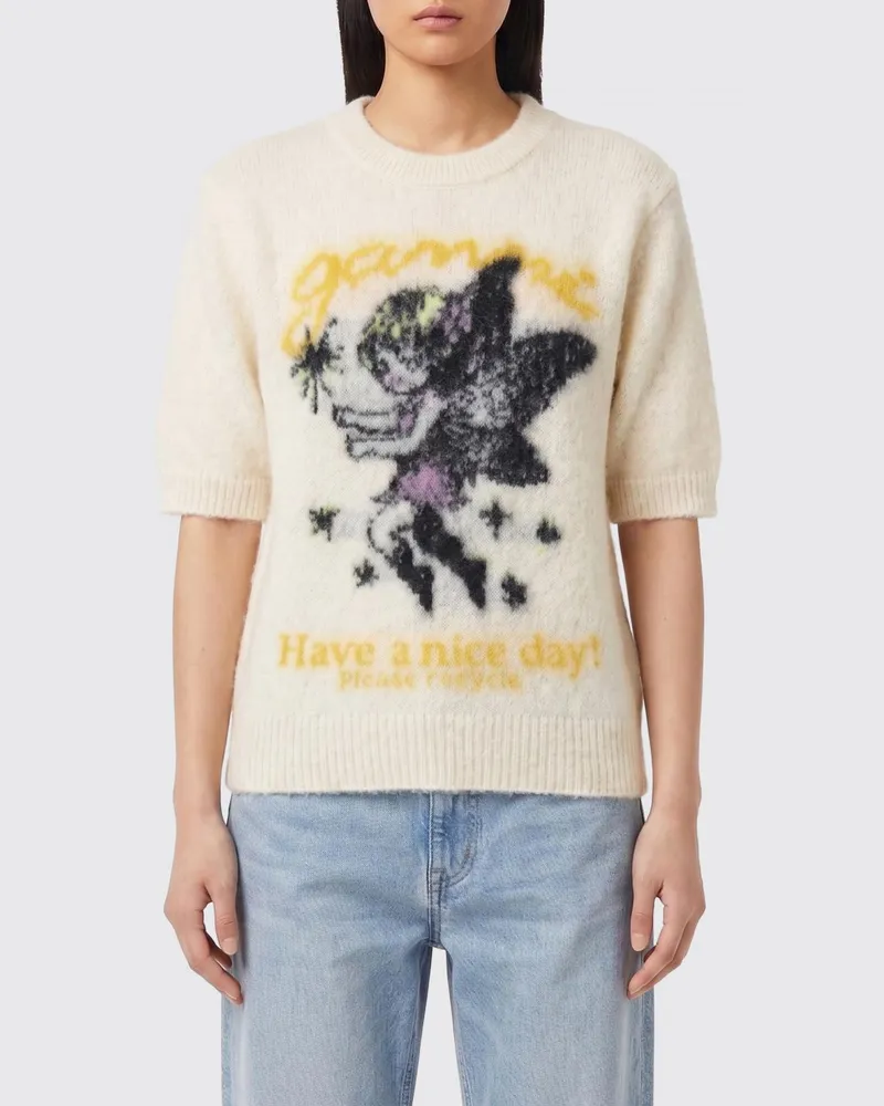 Ganni Kurzärmeliger Wollpullover mit kontrastierendem Grafikdruck Weiß