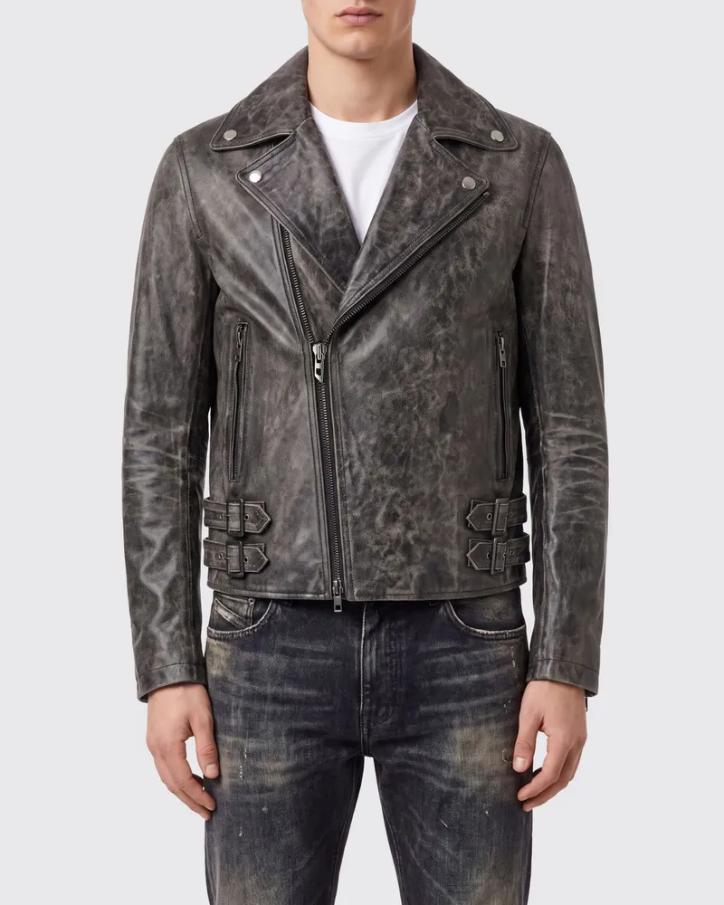Diesel L-Eon-CJCM Bikerjacke aus Leder in Used-Optik mit Schnalle Grau