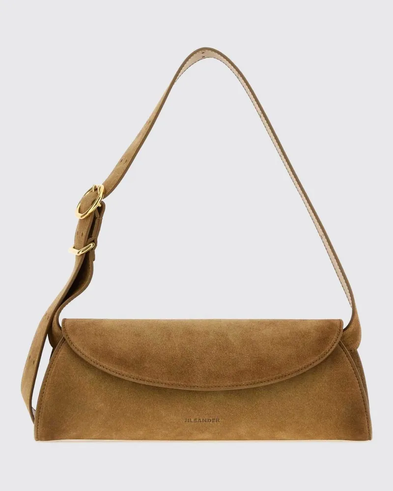 Jil Sander Cannolo Umhängetasche aus Velourskalbsleder mit Prägelogo Braun