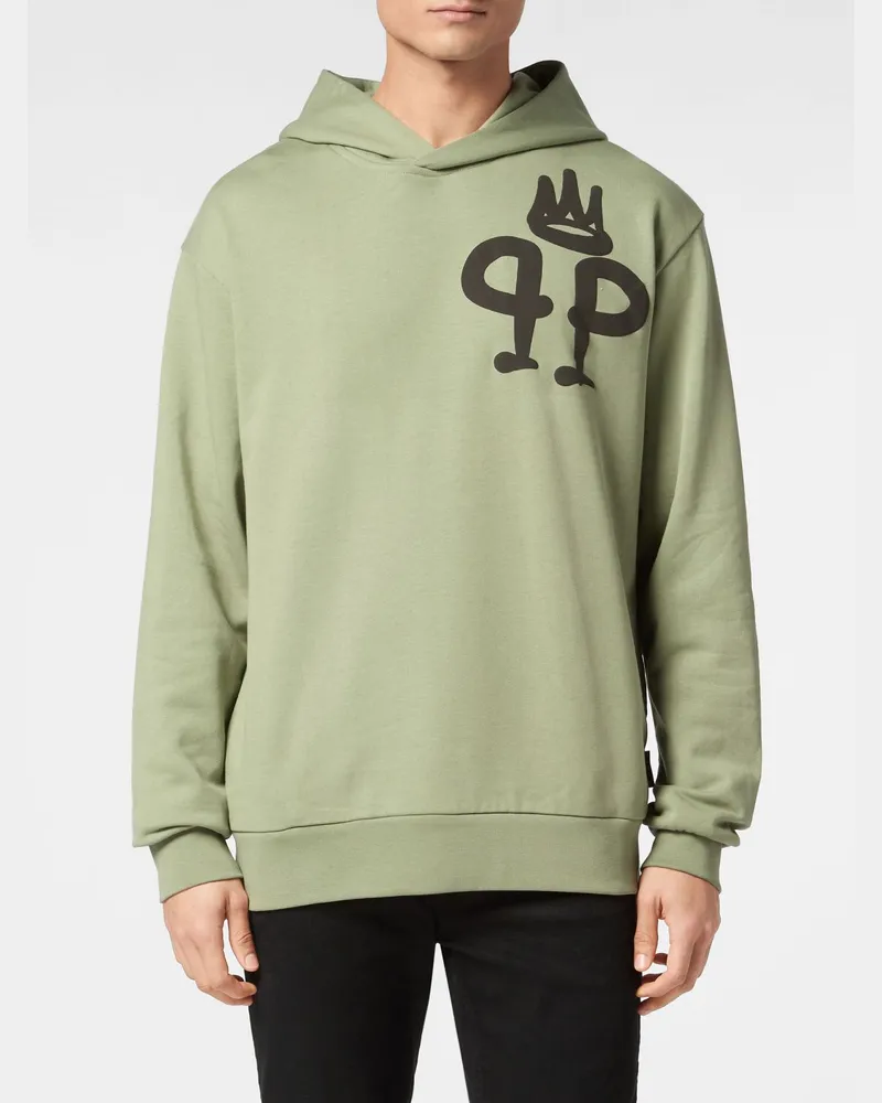Philipp Plein Kapuzenpullover aus Baumwolle mit Kontrastlogo, Kängurutasche und überschnittenen Schultern Grün