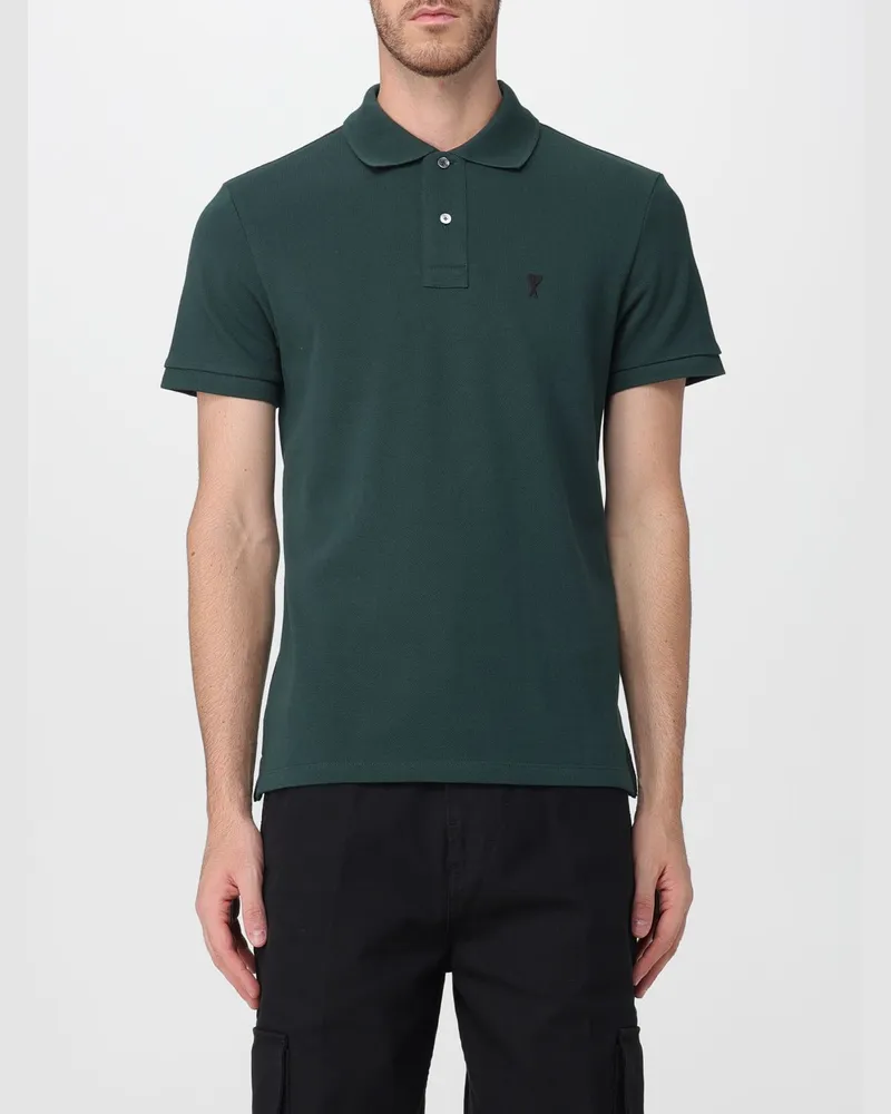 AMI Paris Kurzärmeliges Baumwoll-Poloshirt von mit gesticktem Logo Flaschengrün