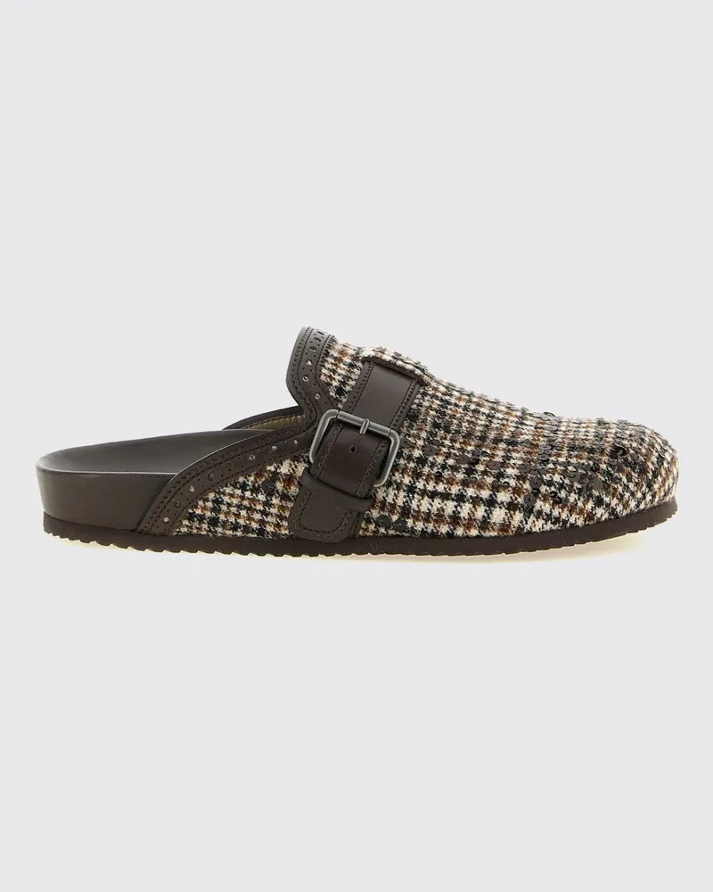Brunello Cucinelli Mules aus Tartan-Wolle mit Paillettenstickerei und Riemen Braun