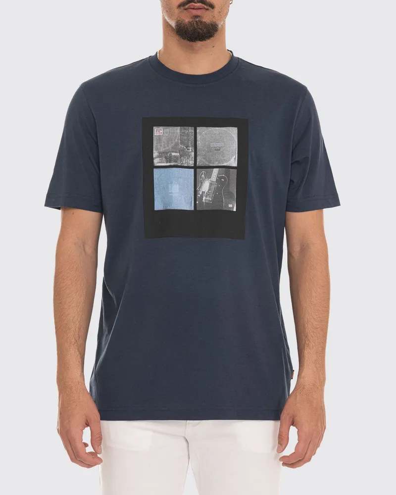 HUGO BOSS Kurzärmeliges Baumwoll-T-Shirt mit Grafikdruck und Rundhalsausschnitt Blau
