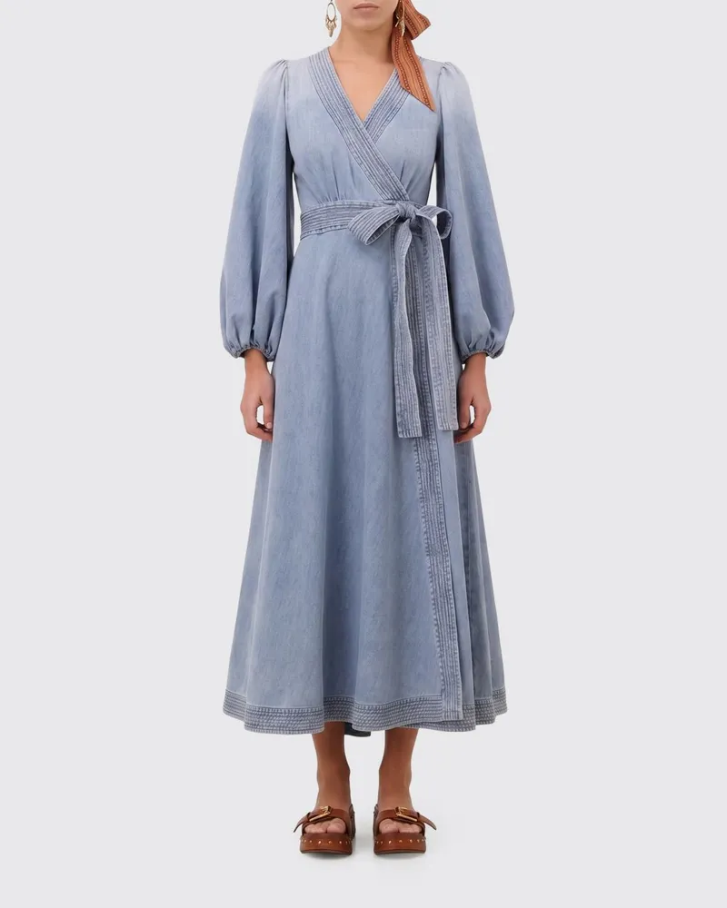 Zimmermann Indra Midi-Wickelkleid aus Denim mit Ballonärmeln Blau