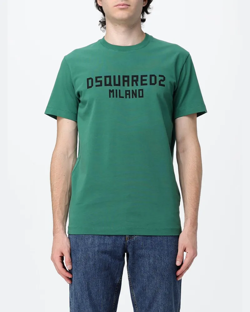 Dsquared2 Kurzärmeliges Baumwoll-T-Shirt mit kontrastierendem Logo-Print Grün