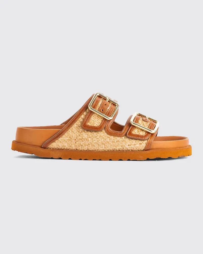 Birkenstock 1774 Arizona Sandale aus Raffia und Leder mit doppeltem Riemen Beige