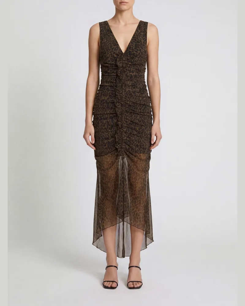ROTATE Birger Christensen Midi-Etuikleid mit Animal-Print, Raffungen und schulterfreiem Design Schwarz
