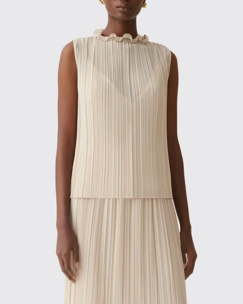 Fabiana Filippi Ärmellose Plissee-Bluse mit elegantem Rüschenkragen Beige