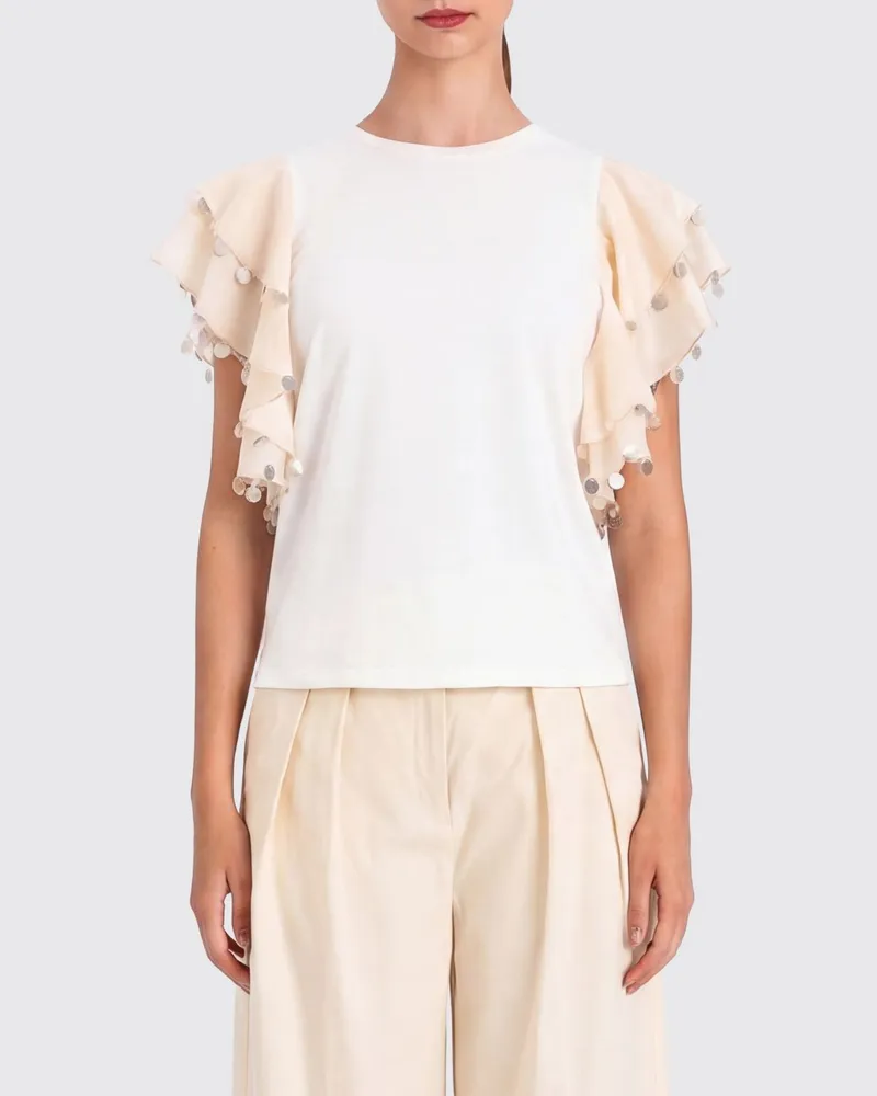 Twin-Set Baumwoll-T-Shirt mit Pailletten Weiß