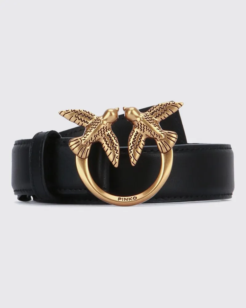 Pinko Ledergürtel mit Love Birds Logo-Schnalle aus Metall Schwarz